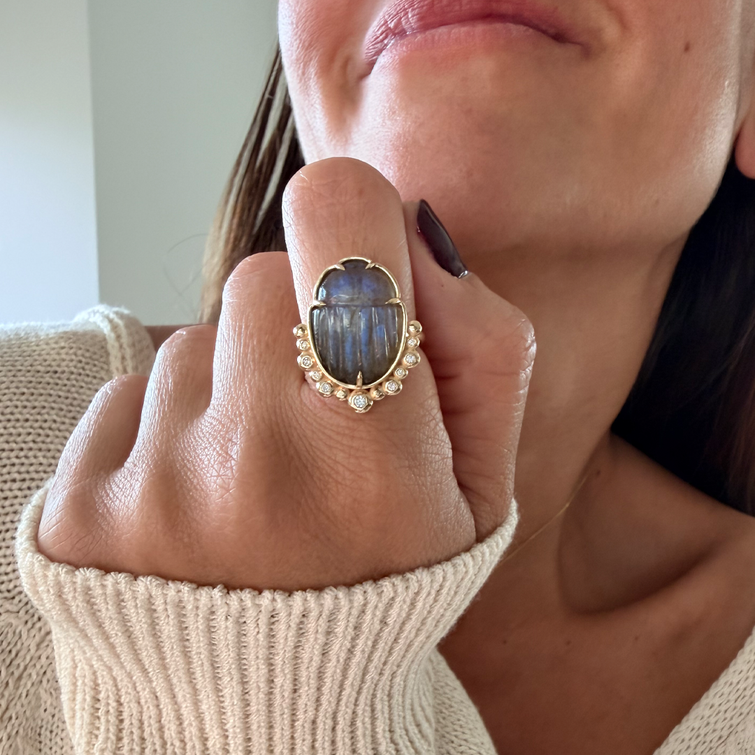 14K Gold Scarab Grey Moonstone Ring with Diamonds