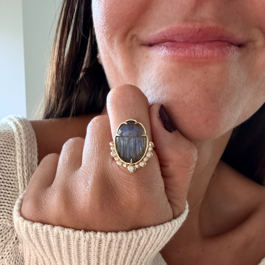 14K Gold Scarab Grey Moonstone Ring with Diamonds