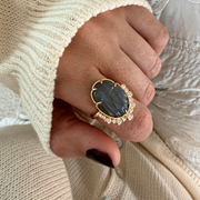14K Gold Scarab Grey Moonstone Ring with Diamonds