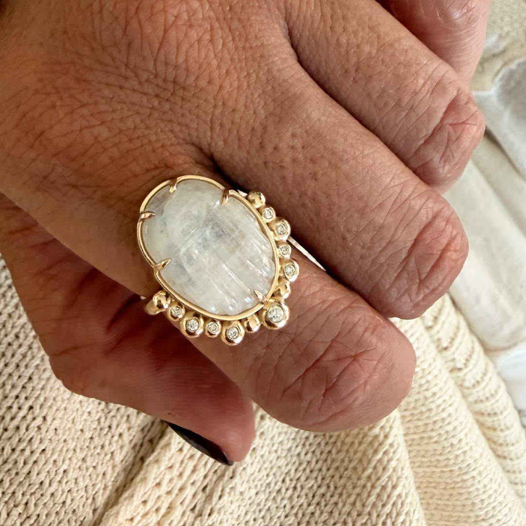 14K Gold Scarab White Moonstone Ring with Diamonds