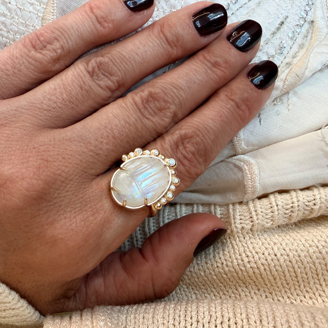 14K Gold Scarab White Moonstone Ring with Diamonds