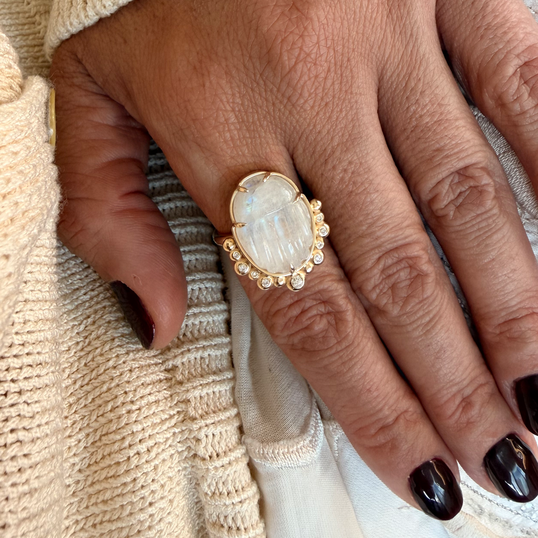 14K Gold Scarab White Moonstone Ring with Diamonds