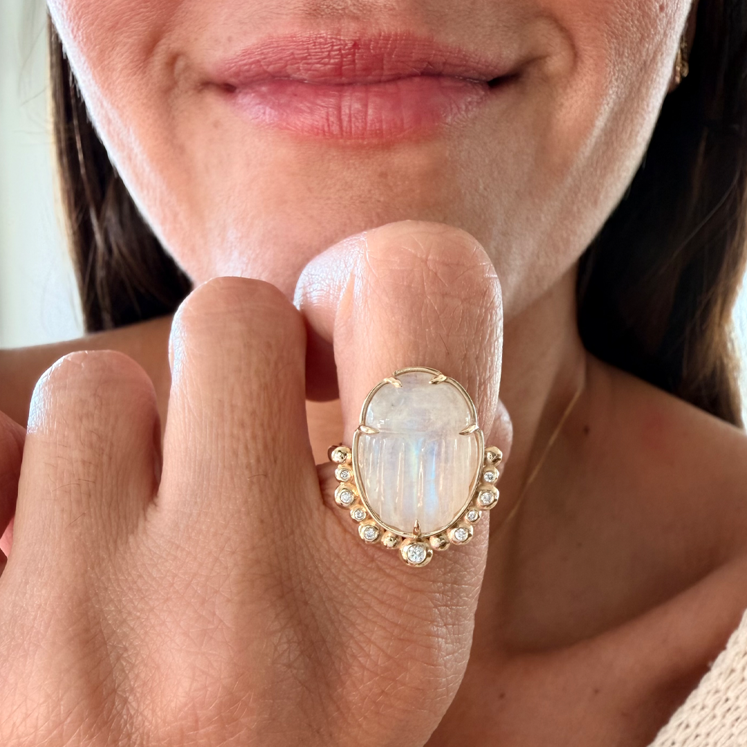 14K Gold Scarab White Moonstone Ring with Diamonds