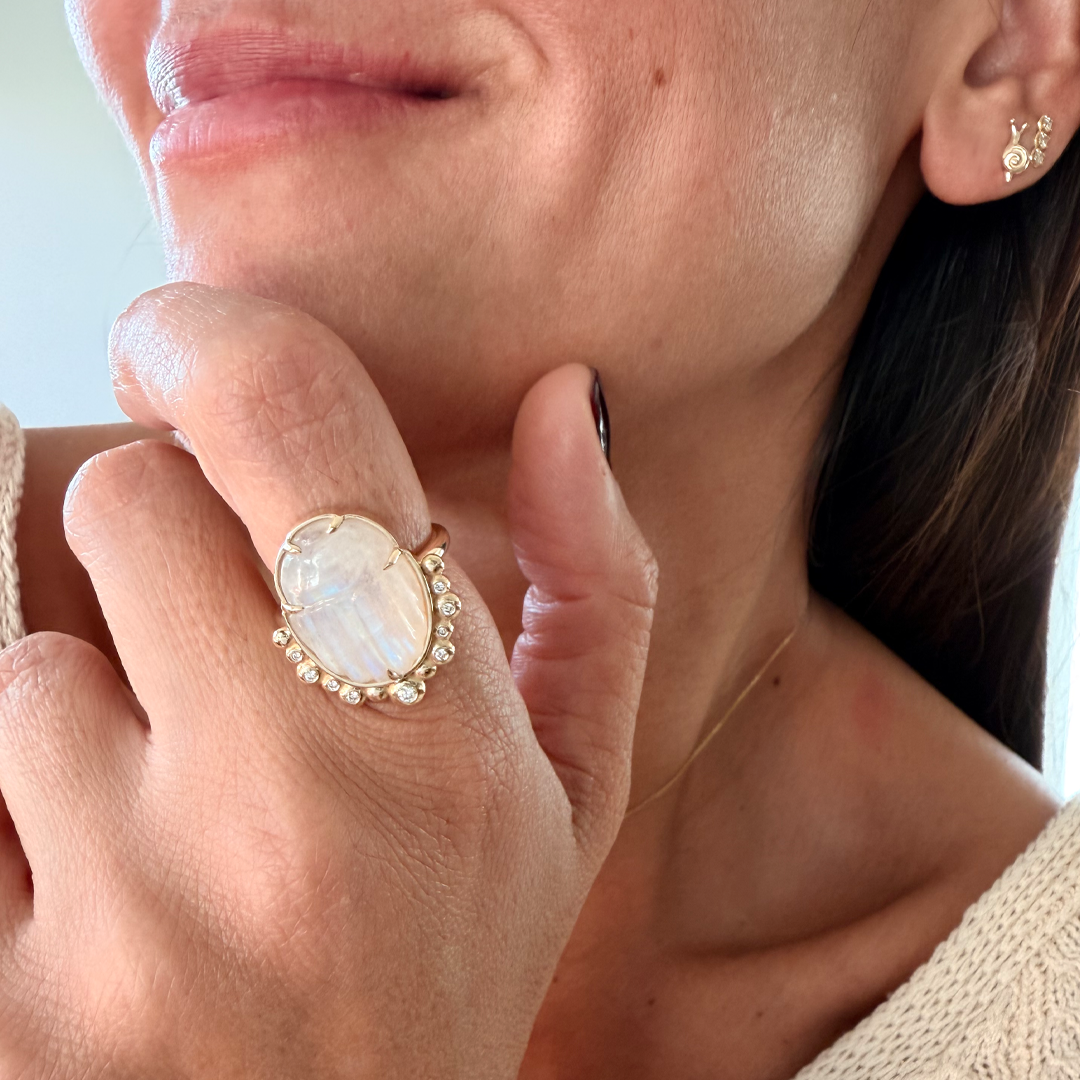 14K Gold Scarab White Moonstone Ring with Diamonds