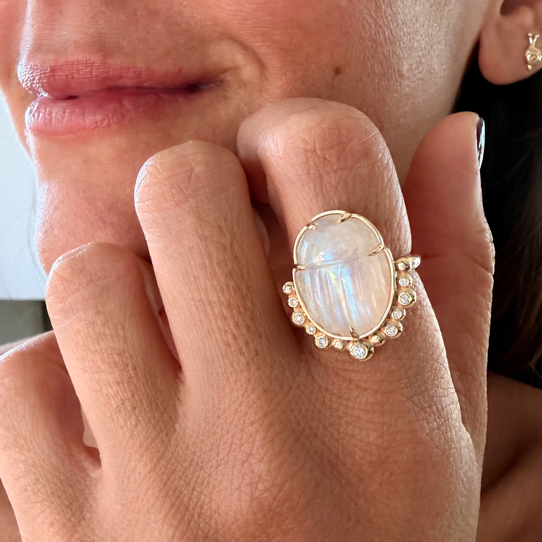 14K Gold Scarab White Moonstone Ring with Diamonds