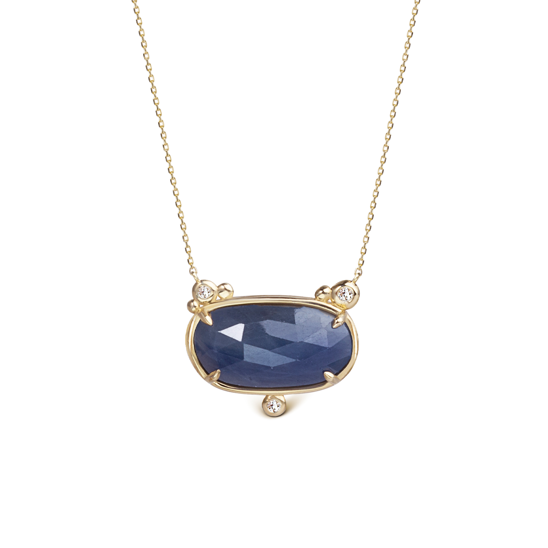 14K Gold Horizontal Sapphire Necklace  with  3 diamonds