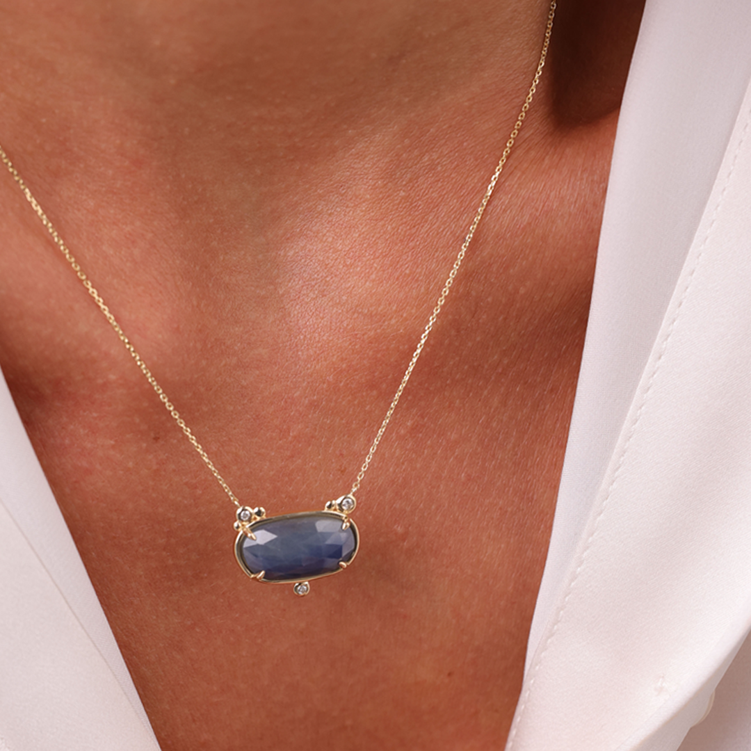 14K Gold Horizontal Sapphire Necklace  with  3 diamonds