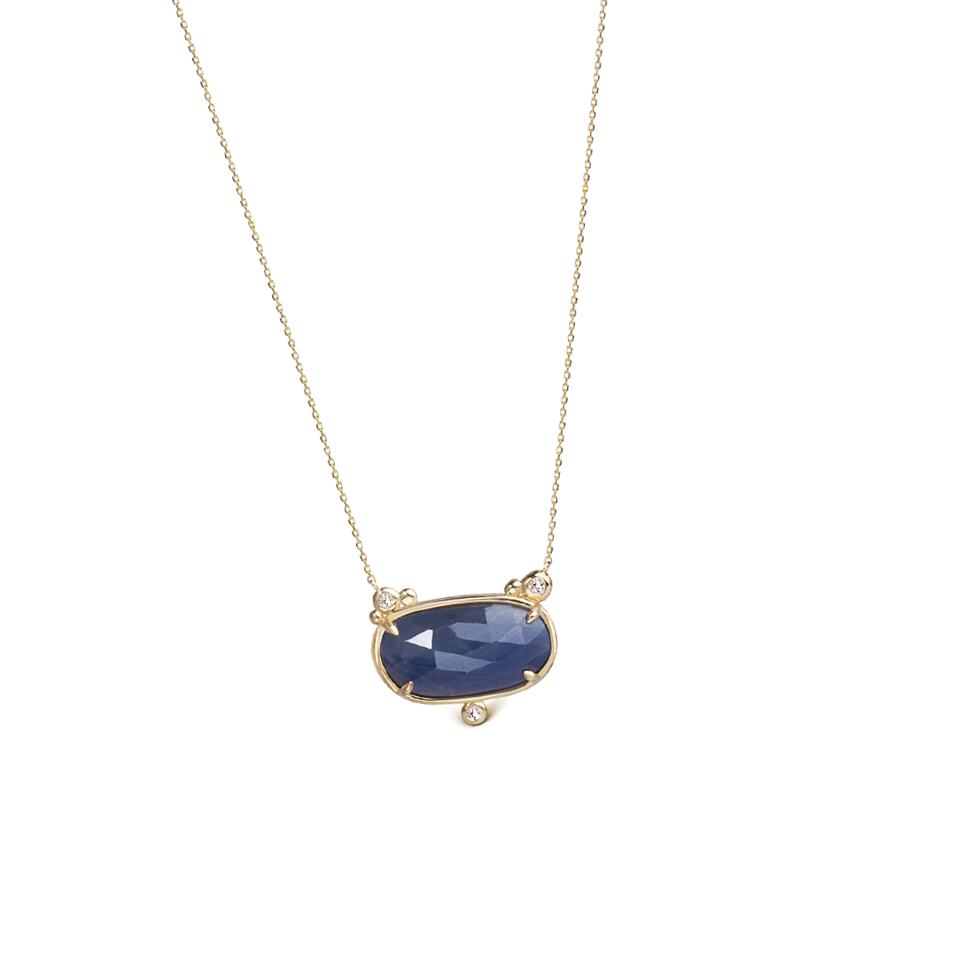 14K Gold Horizontal Sapphire Necklace  with  3 diamonds