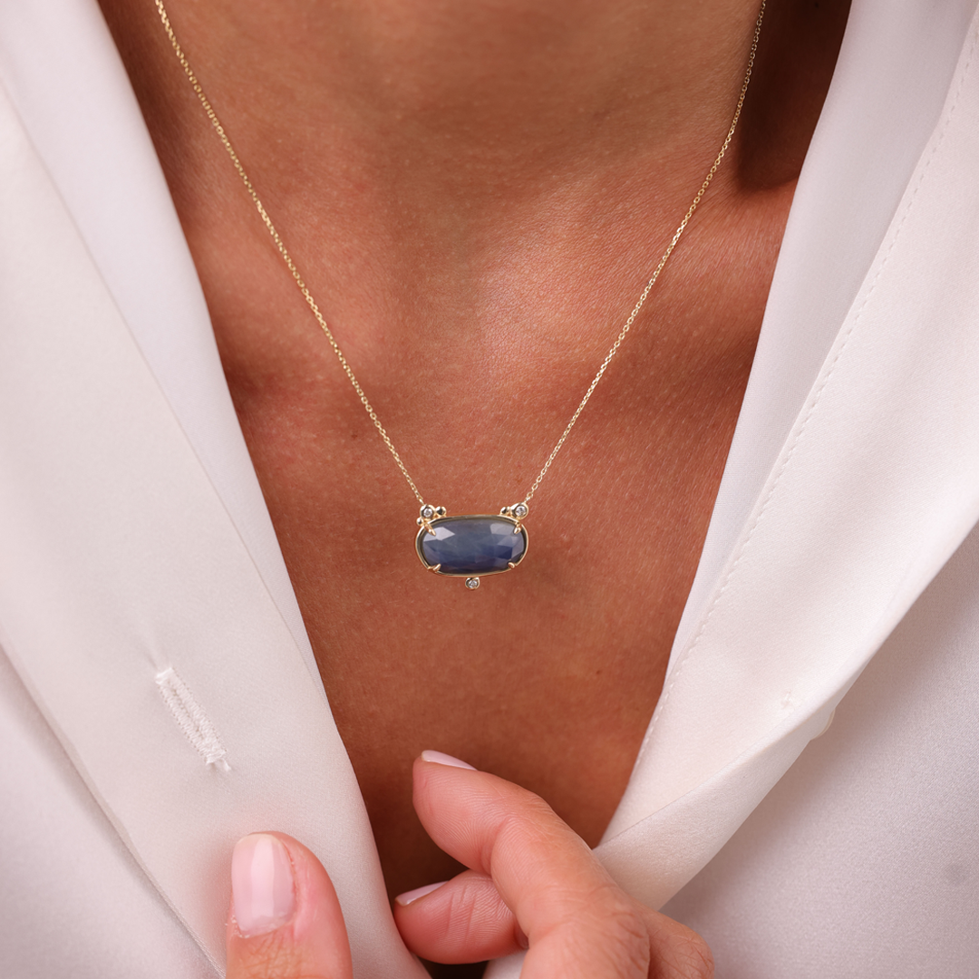 14K Gold Horizontal Sapphire Necklace  with  3 diamonds