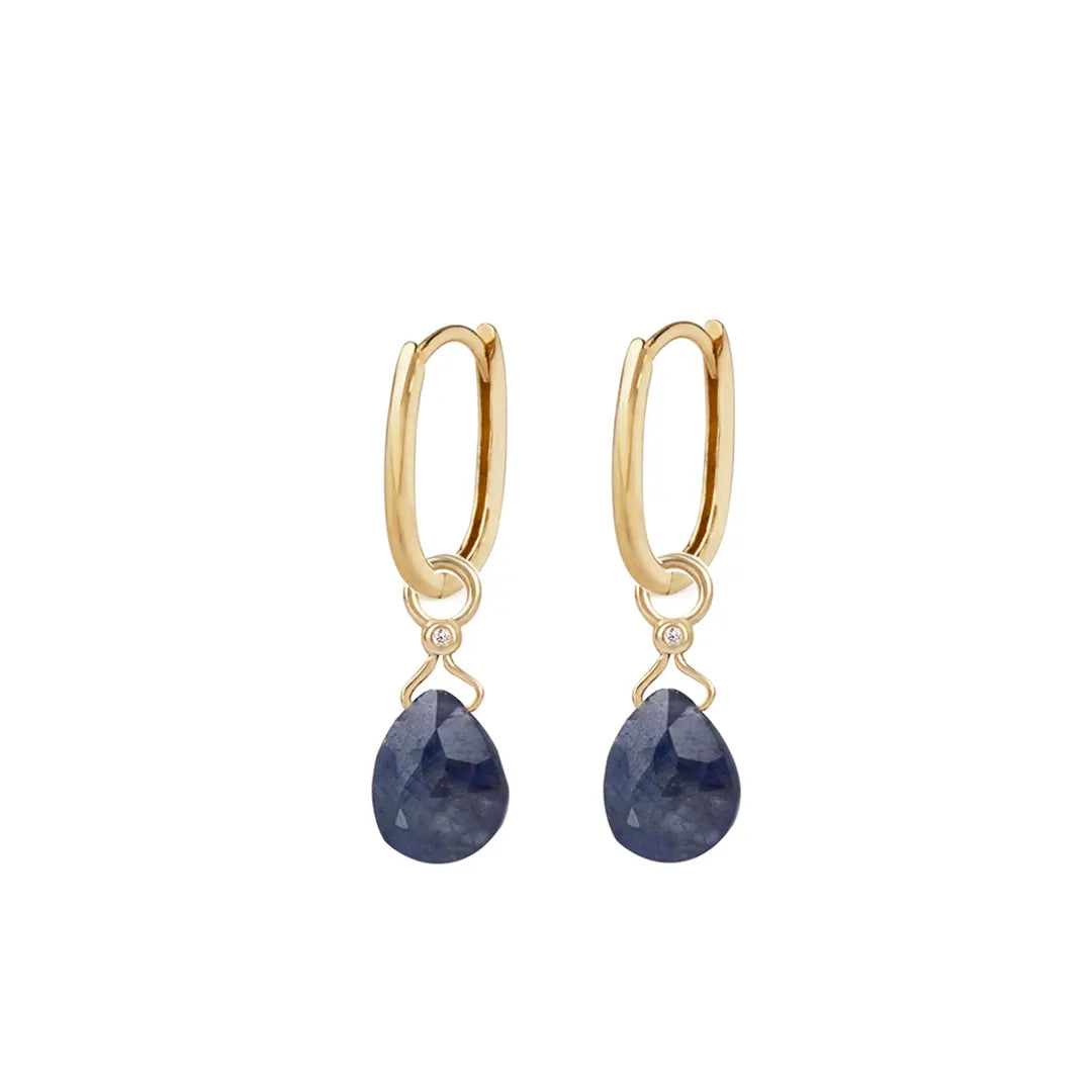 14Κ Gold  hoop earrings with Rough Sapphire Drop and Diamond