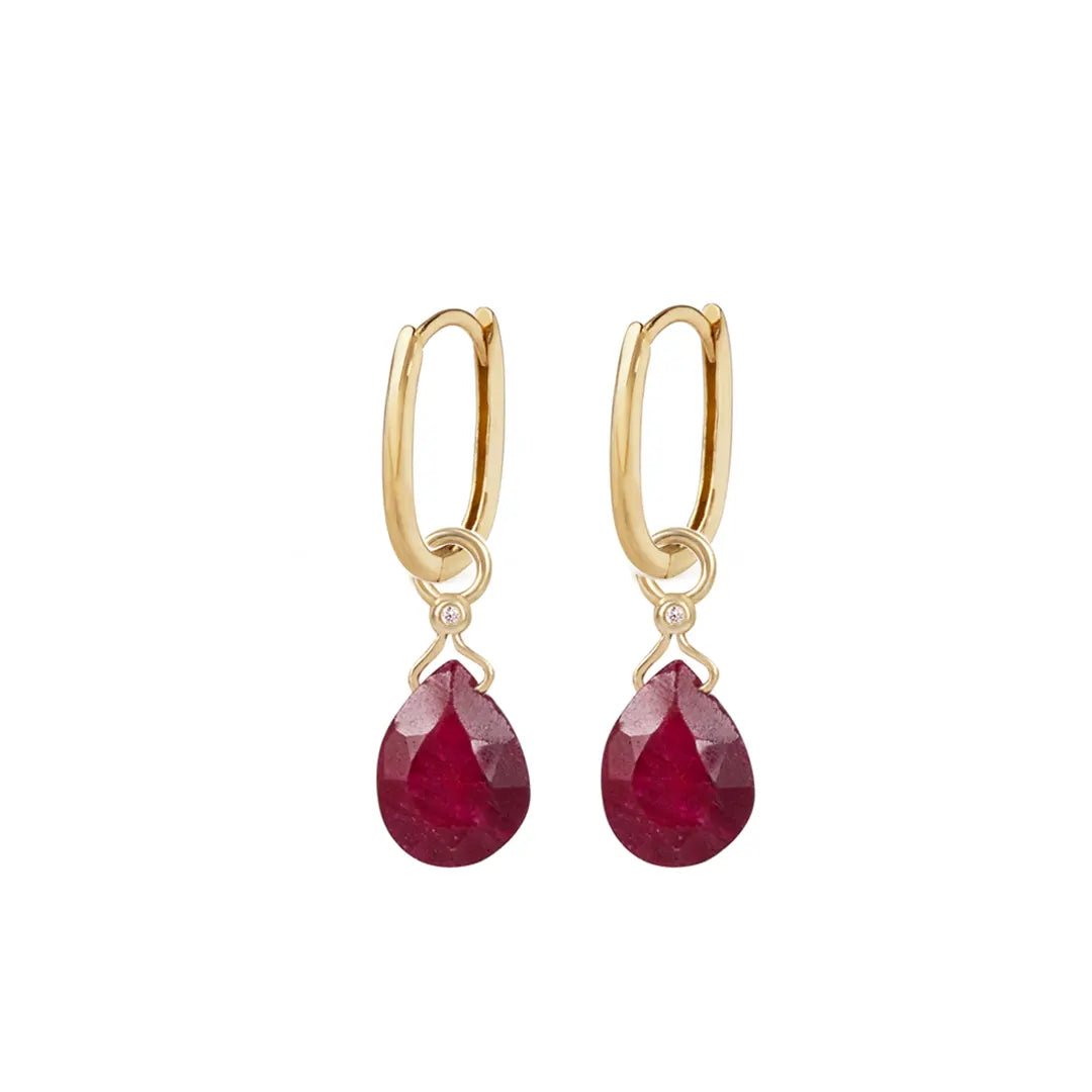 14Κ Gold  hoop earrings with Rough Ruby  Drop and Diamond