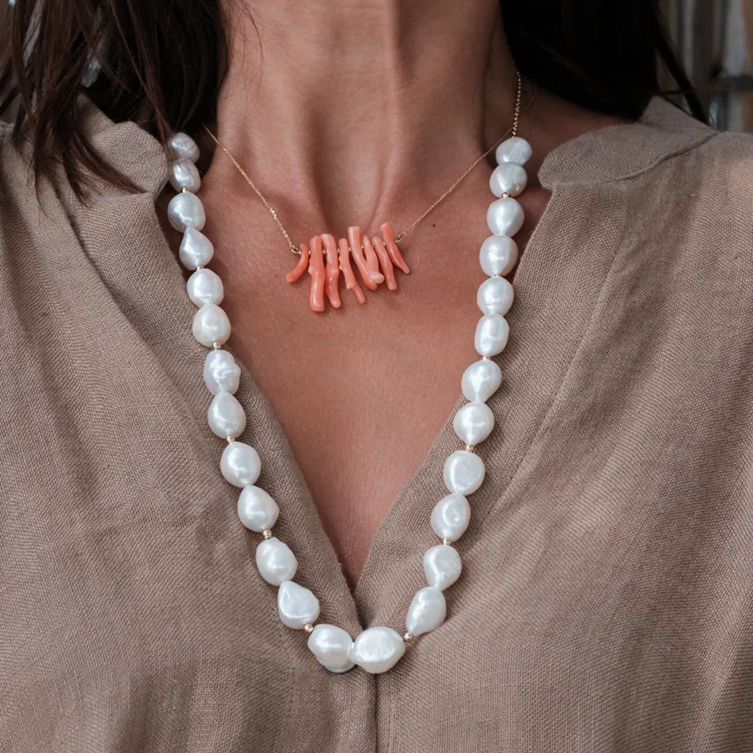 Long Rope Baroque Pearl Necklace with 14K Gold dot details and closure