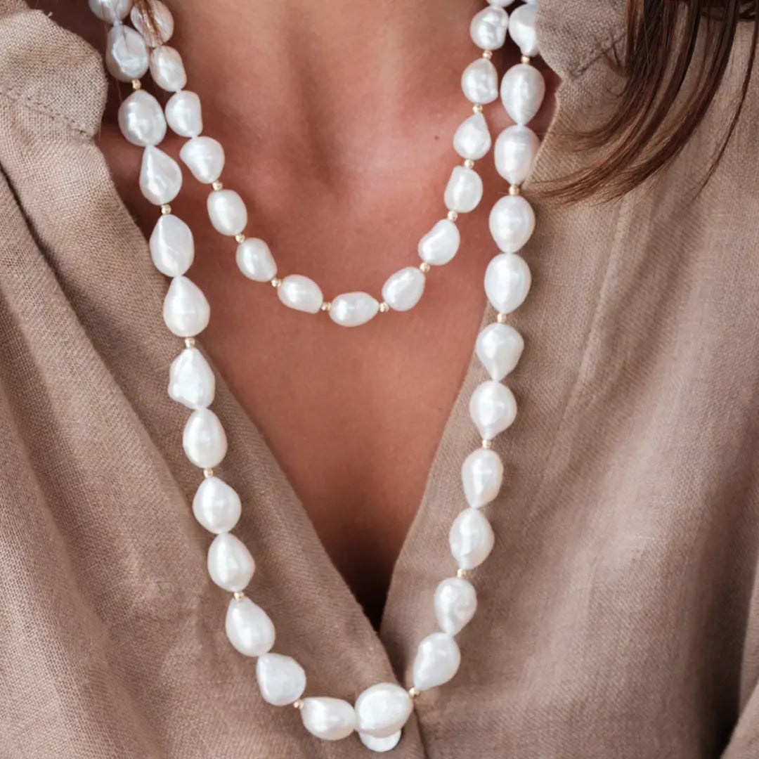 Long Rope Baroque Pearl Necklace with 14K Gold dot details and closure