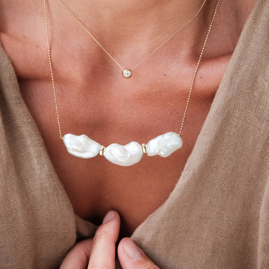 14K Gold, Baroque Pearl Necklace with Gold Elements