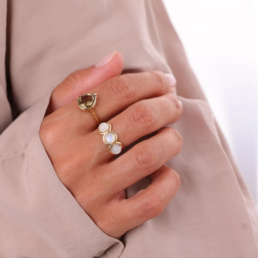 14K Gold 3 Rainbow Moonstone Ring