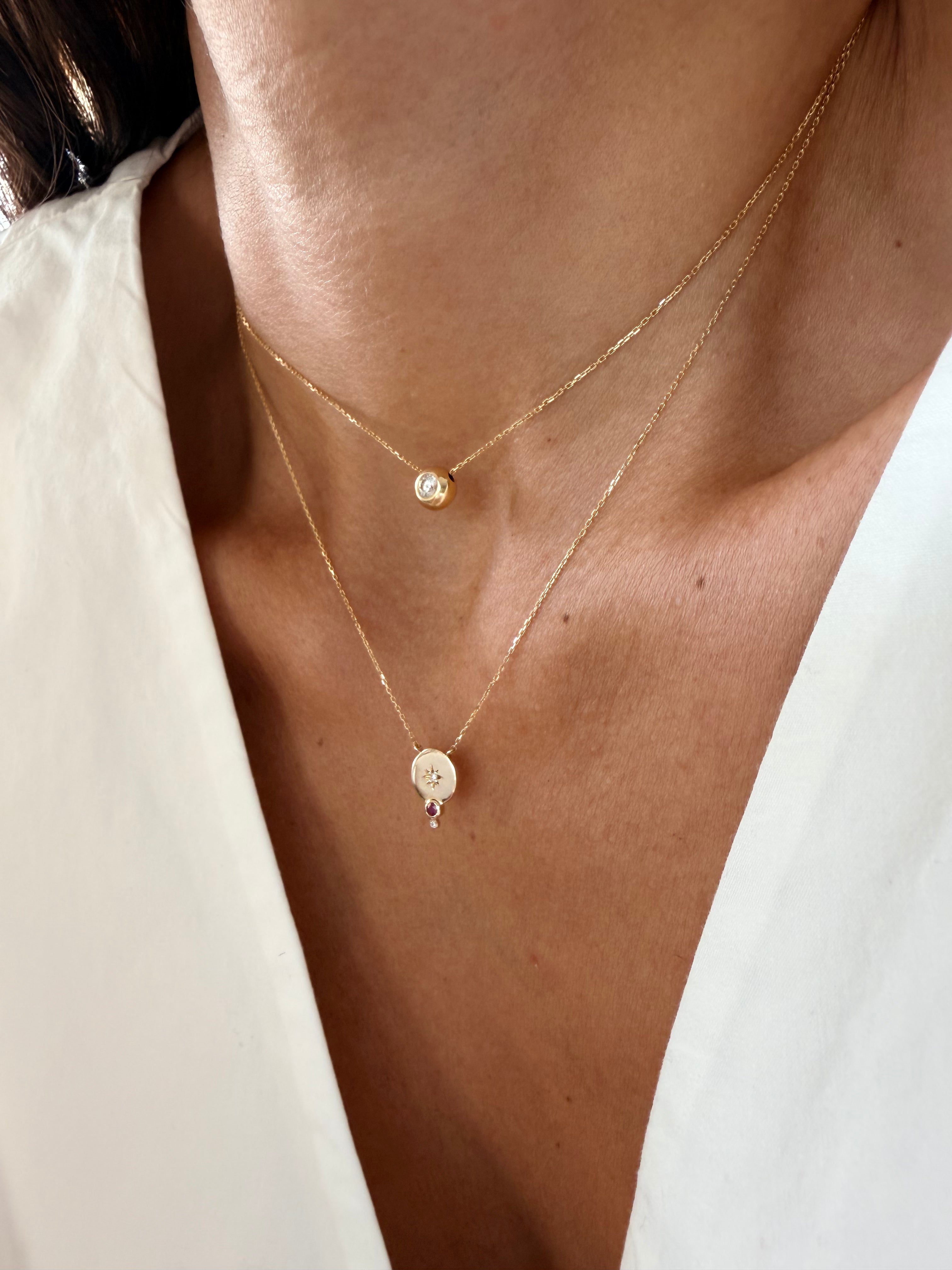 14K Gold Small Circle Diamond Star Necklace with Ruby