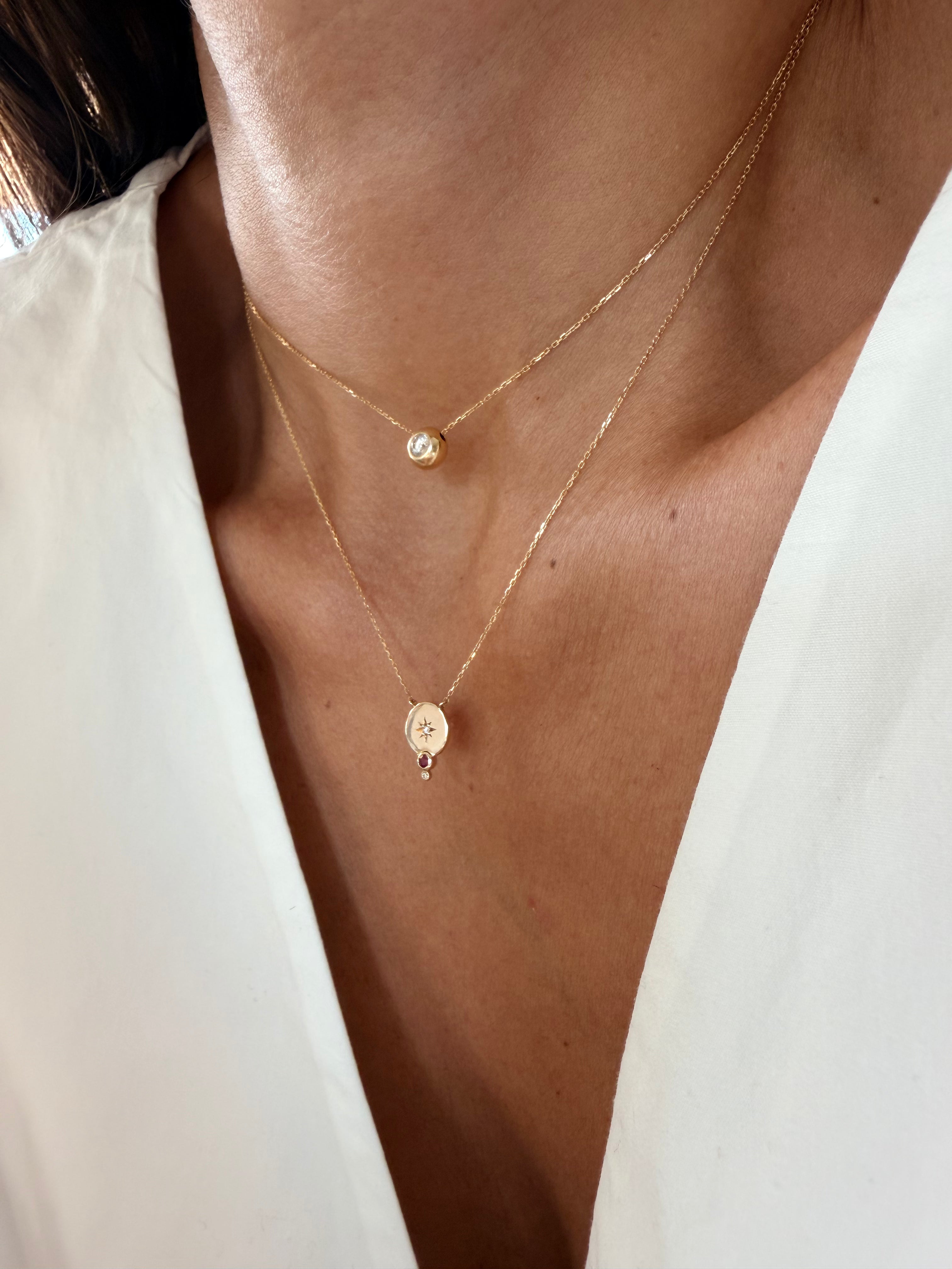 14K Gold Small Circle Diamond Star Necklace with Ruby