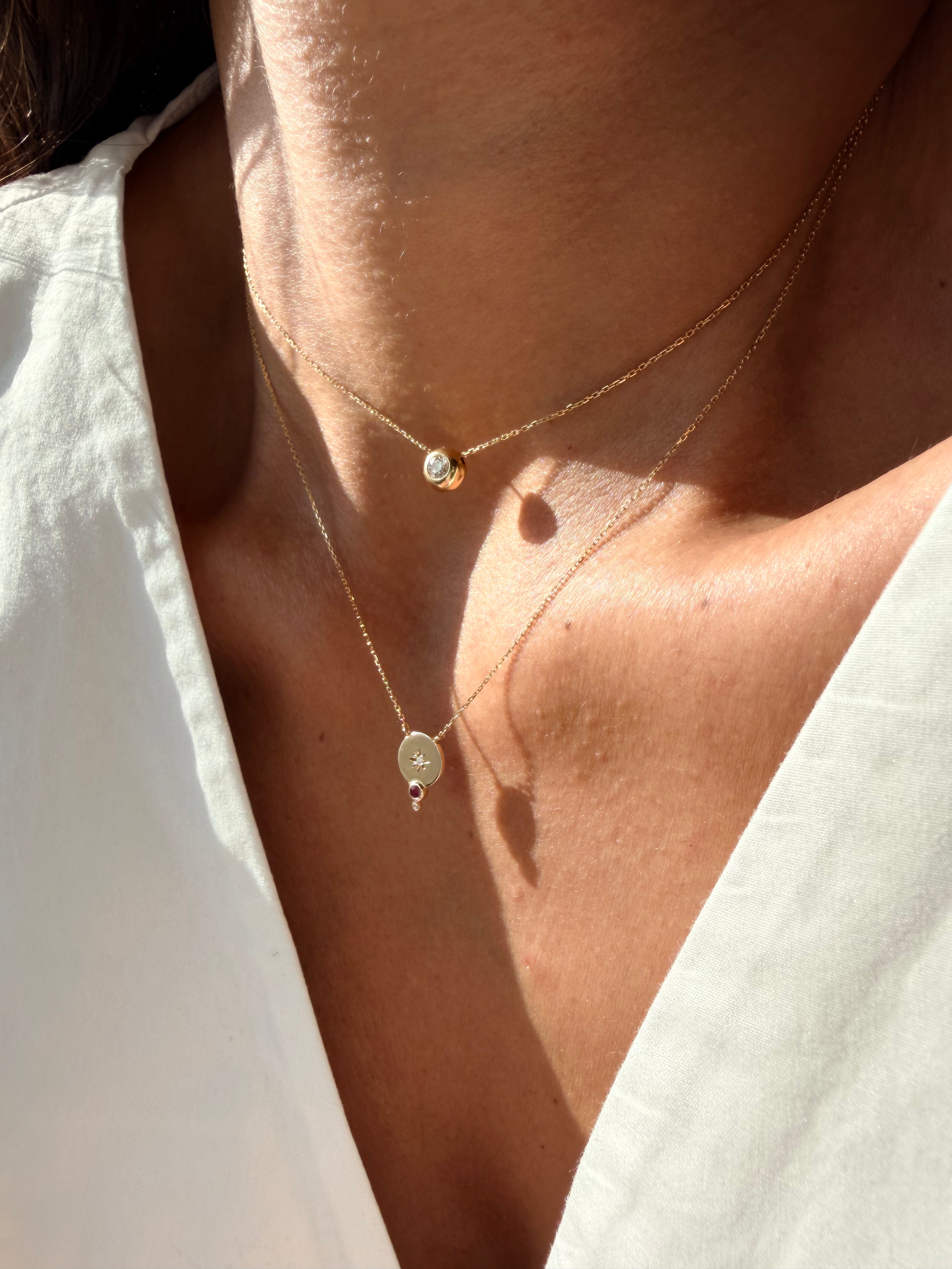 14K Gold Small Circle Diamond Star Necklace with Ruby