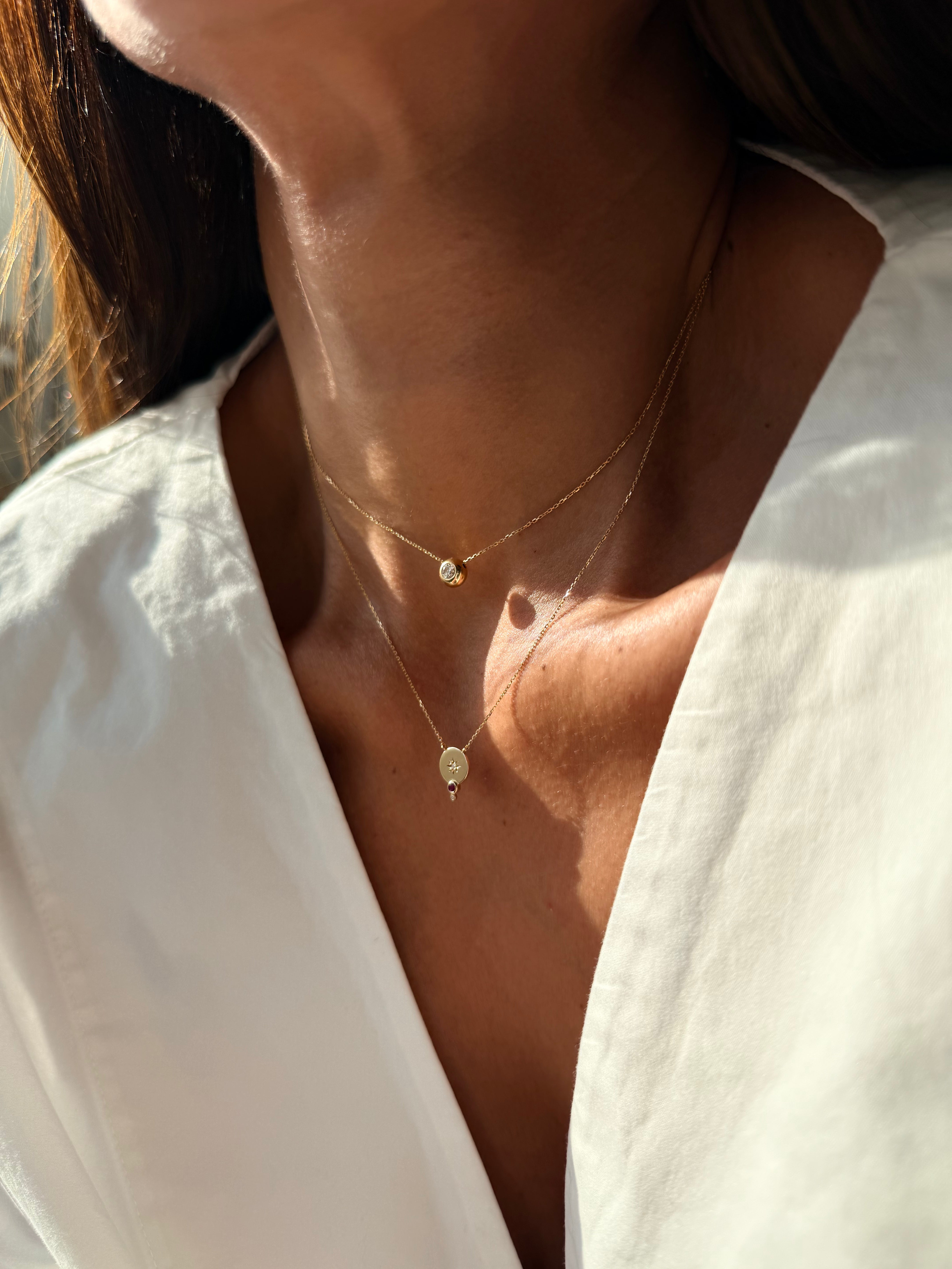 14K Gold Small Circle Diamond Star Necklace with Ruby