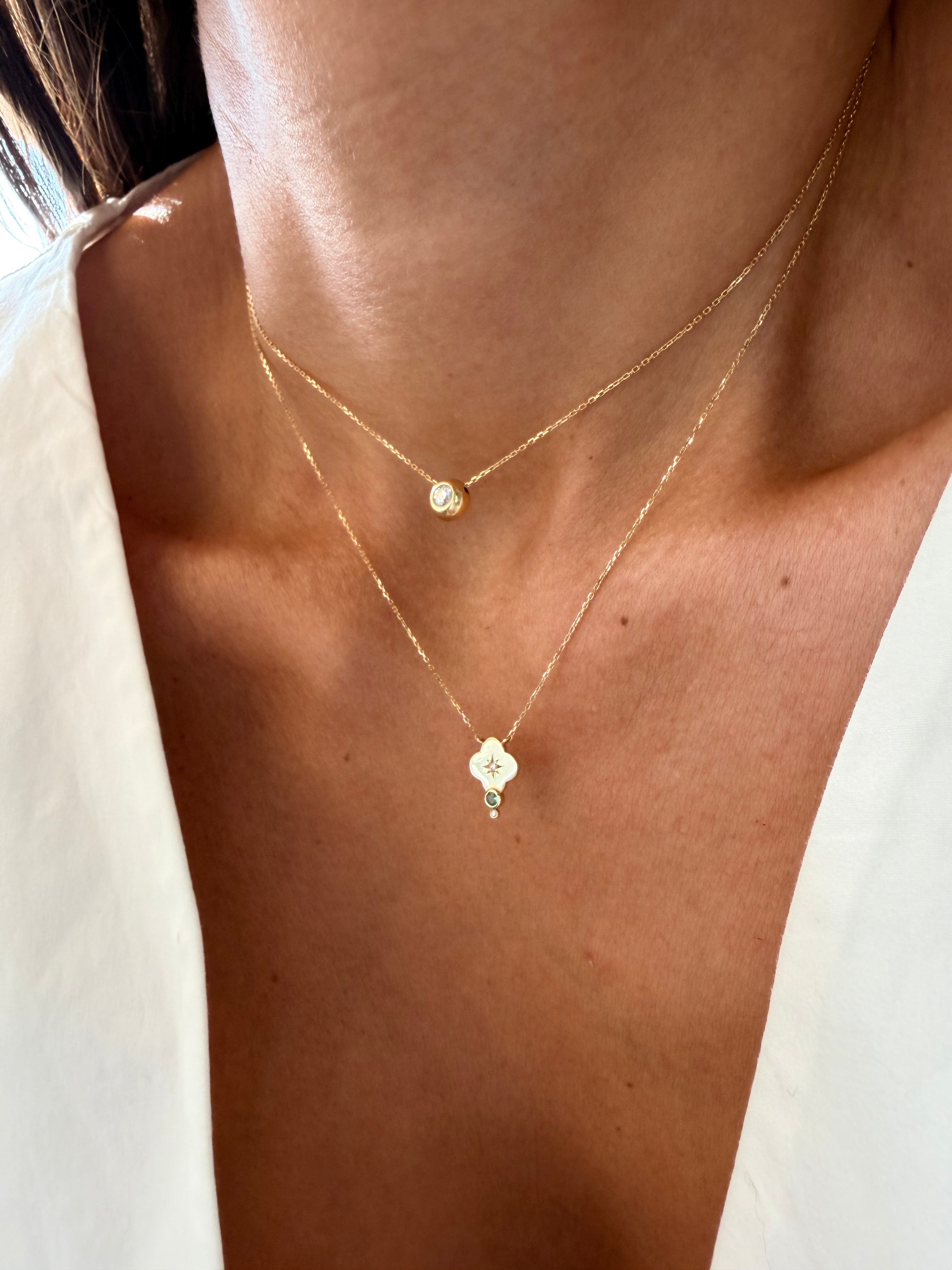 14K Gold Small Flower Diamond Star Necklace with Emerald