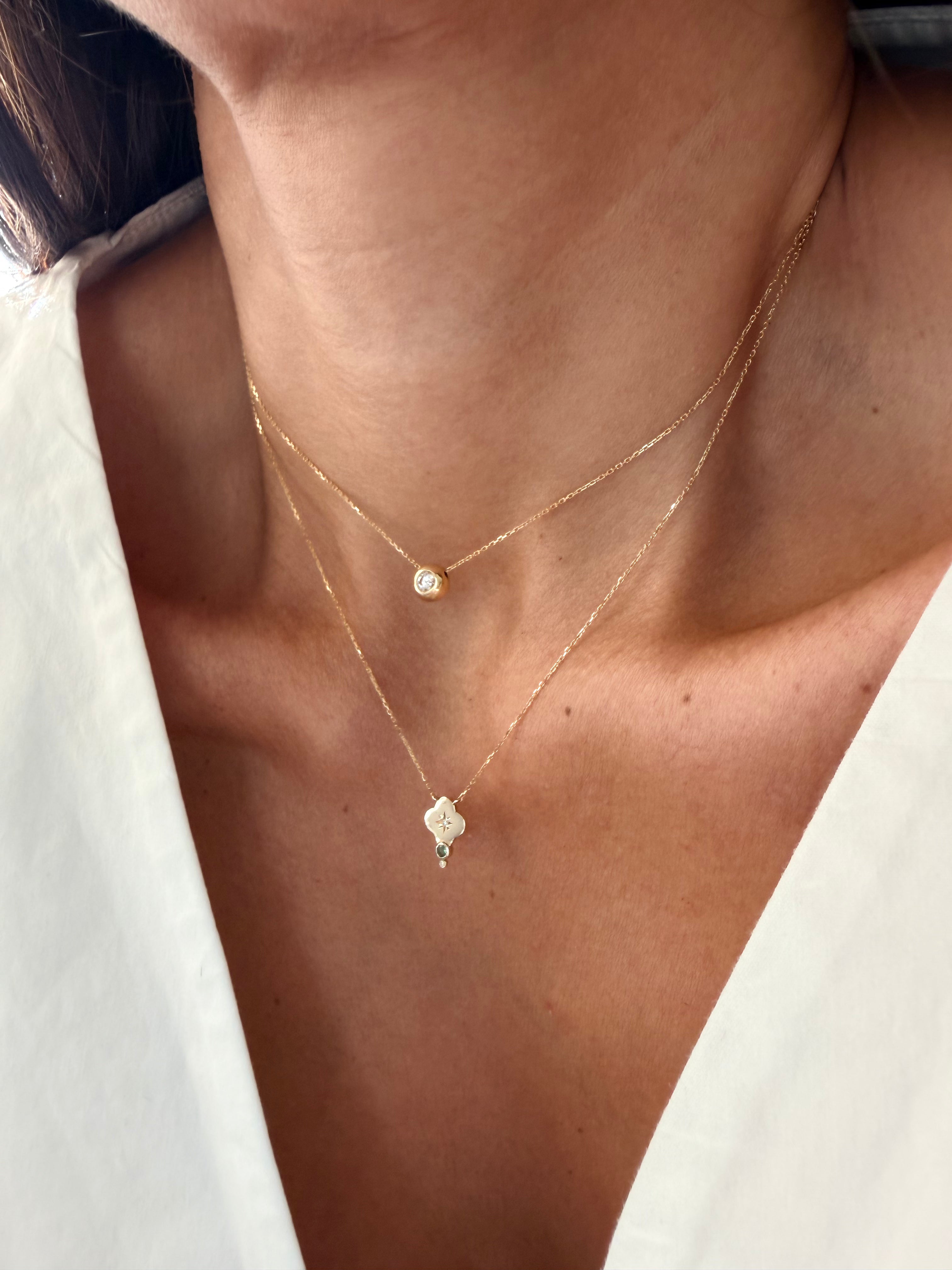 14K Gold Small Flower Diamond Star Necklace with Emerald