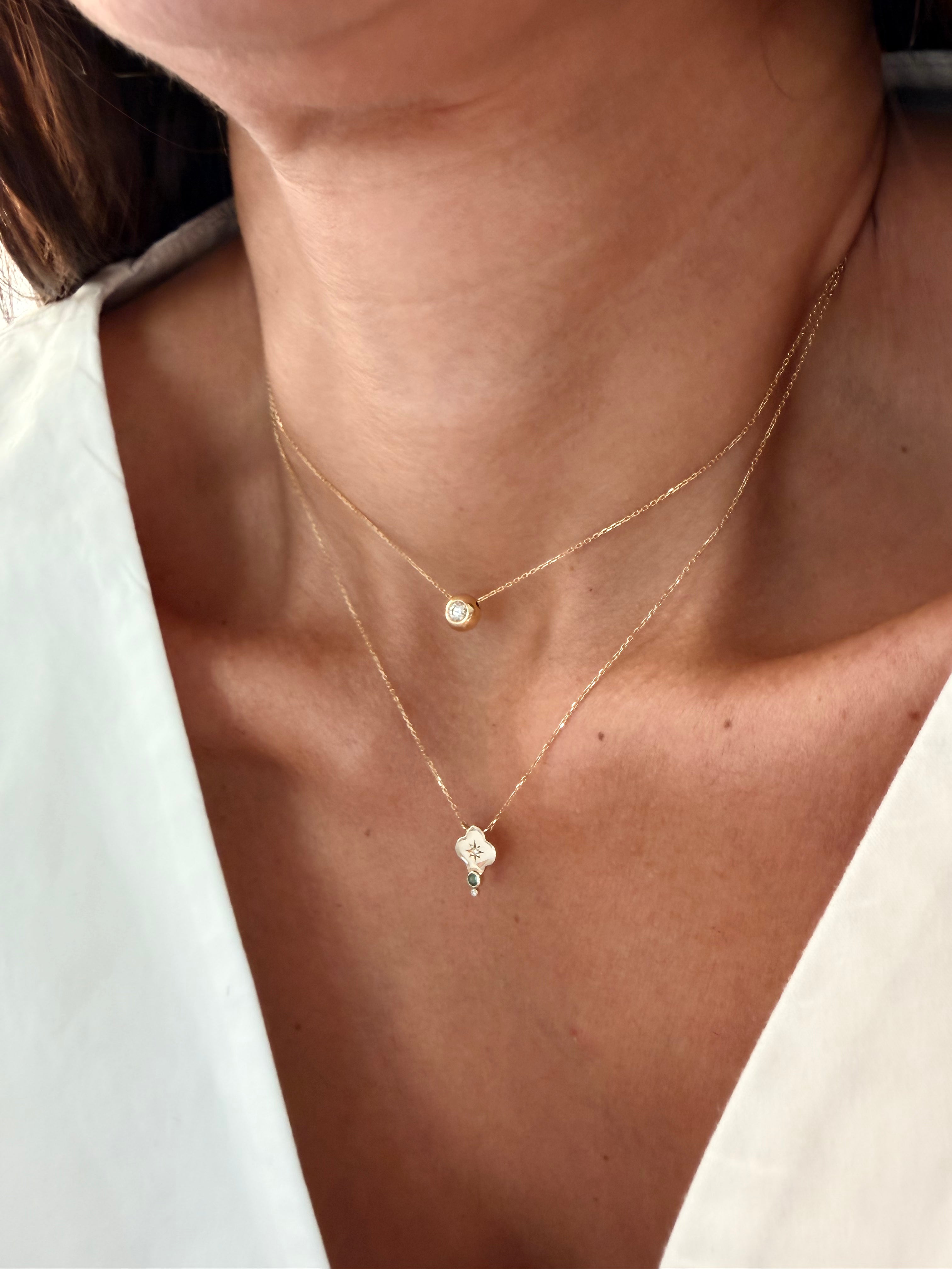 14K Gold Small Flower Diamond Star Necklace with Emerald