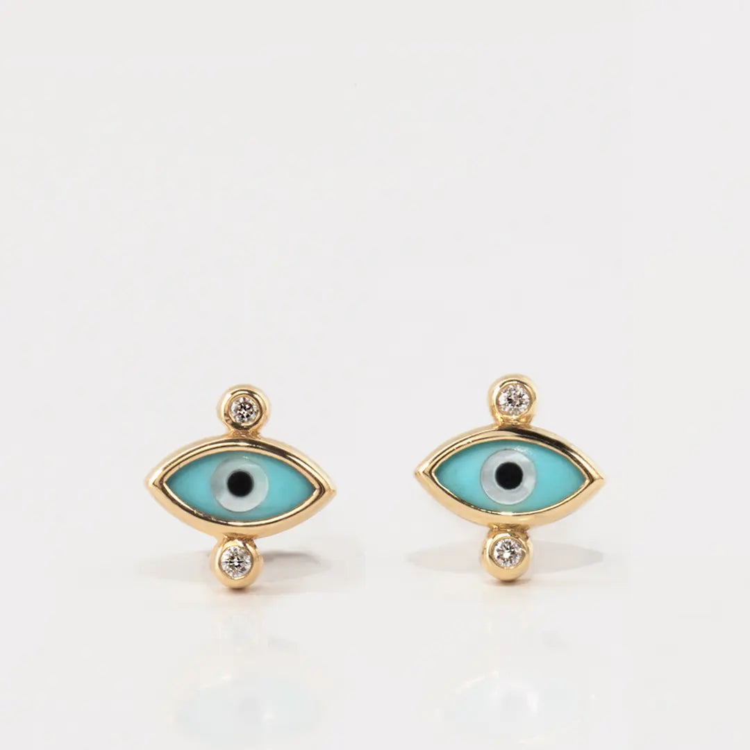 Navette Evil Eye 14K Gold Tiny Earrings with 2 Diamonds