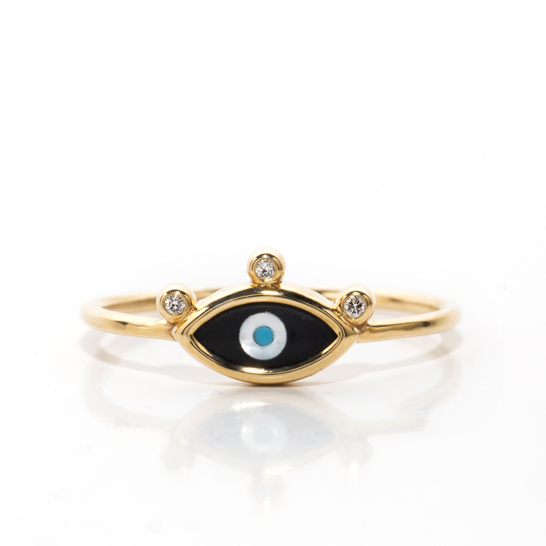 Navette Evil Eye 14K Gold Ring with 3 Diamonds