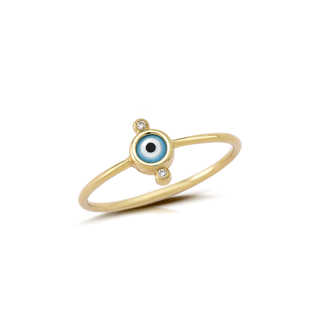 Round Evil Eye 14K Gold Tiny Ring with 2 Diamonds