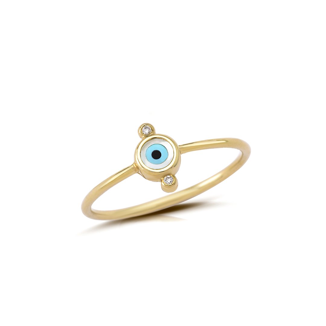 Round Evil Eye 14K Gold Tiny Ring with 2 Diamonds