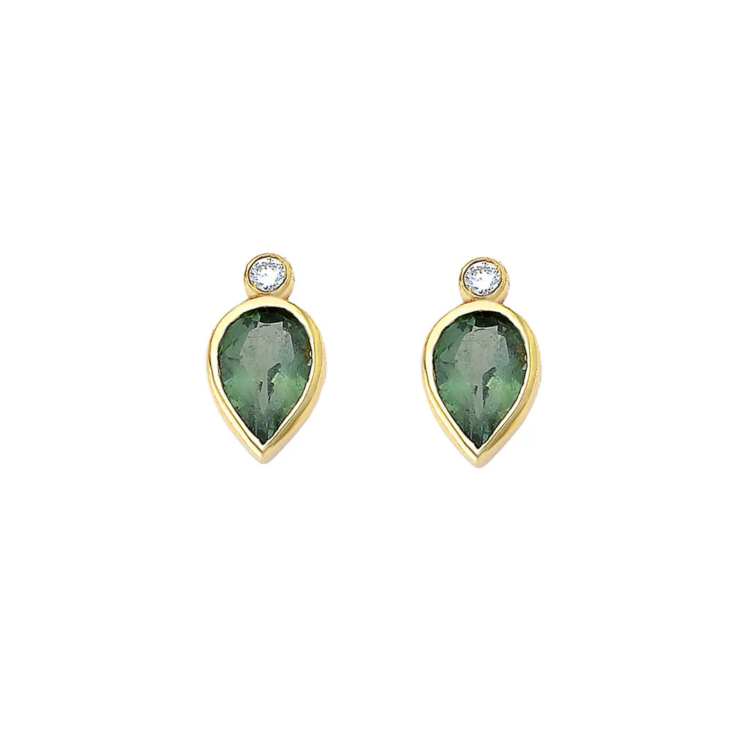 Pear Shaped Light Green Tourmaline and Diamond Earrings