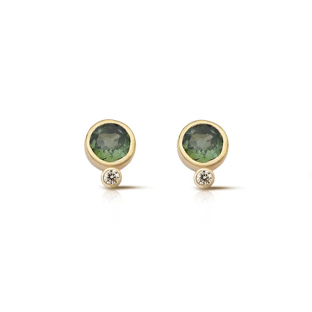 Round Shaped Light Green Tourmaline Earrings with Diamond