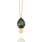 14K Gold Big Pear Shaped Green Tourmaline and Diamond Necklace