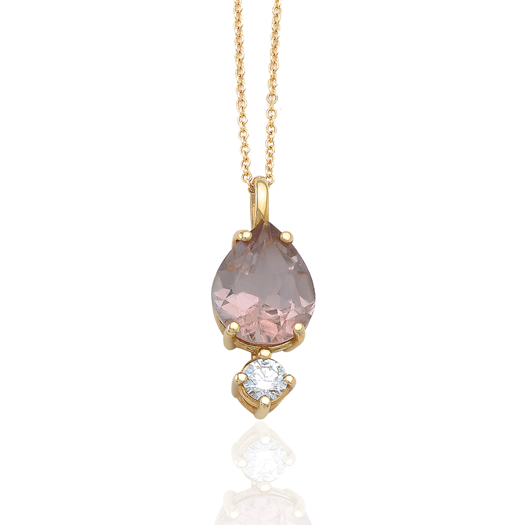 14K Gold Big Pear Shaped Pink Tourmaline and Diamond Necklace