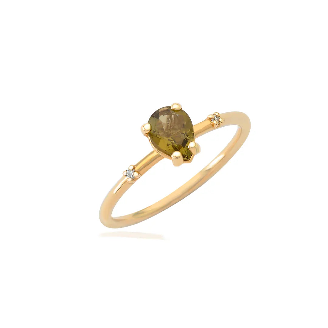 Pear Shaped Olive Green Tourmaline Ring with Diamonds