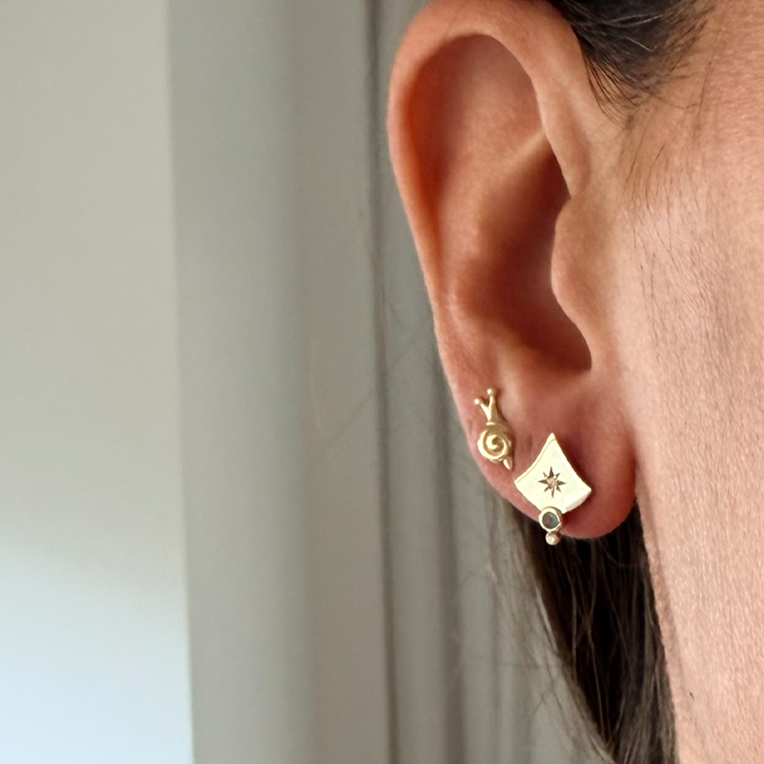 14K Gold Curved Triangle Stud Earrings with Diamonds & Emerald