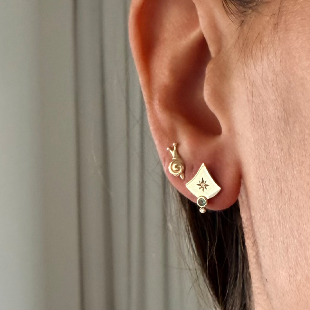 14K Gold Curved Triangle Stud Earrings with Diamonds & Emerald