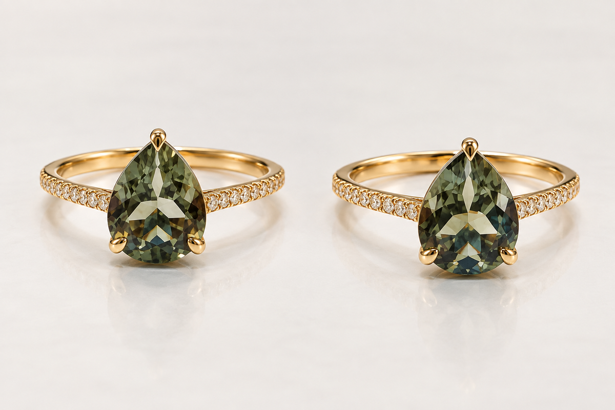 14k Gold Grey Sage Pear Tourmaline Ring with Diamonds