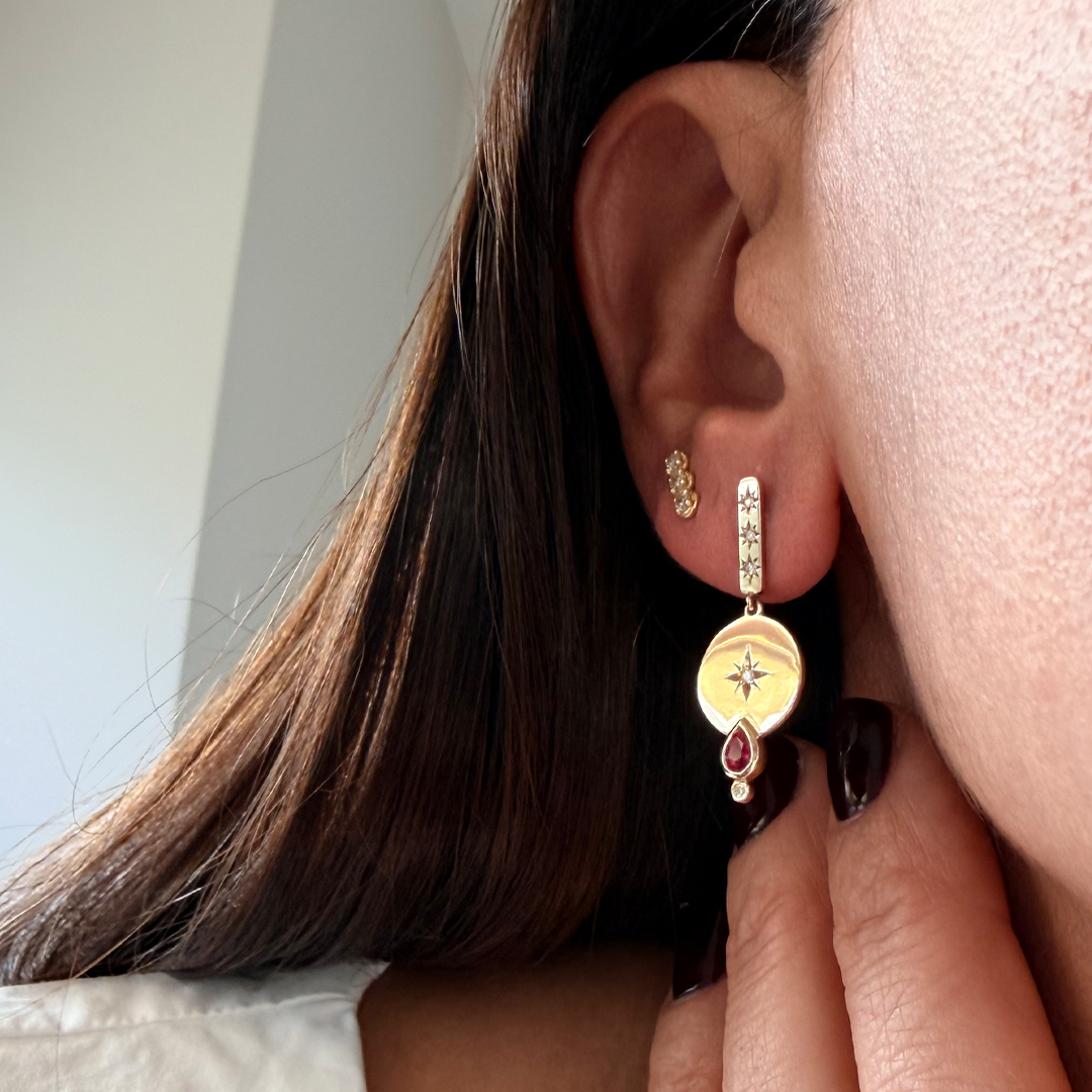 14K Gold  Circle Earrings with Diamond Star & Ruby