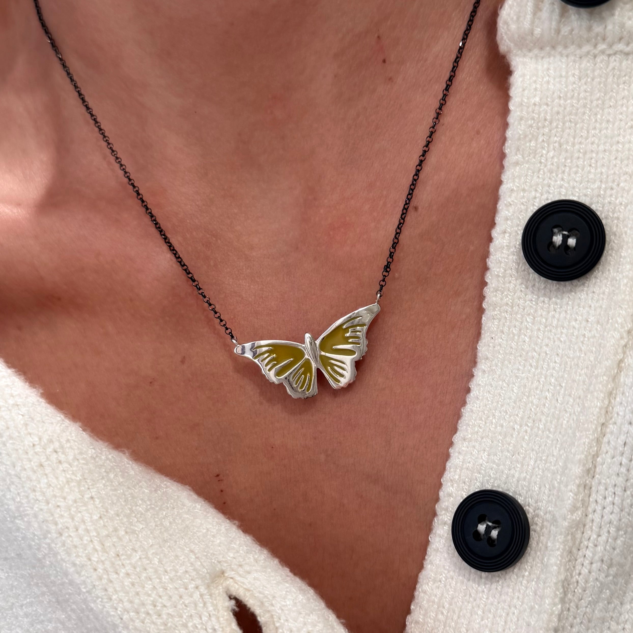 Silver Butterfly Necklace with enamel details