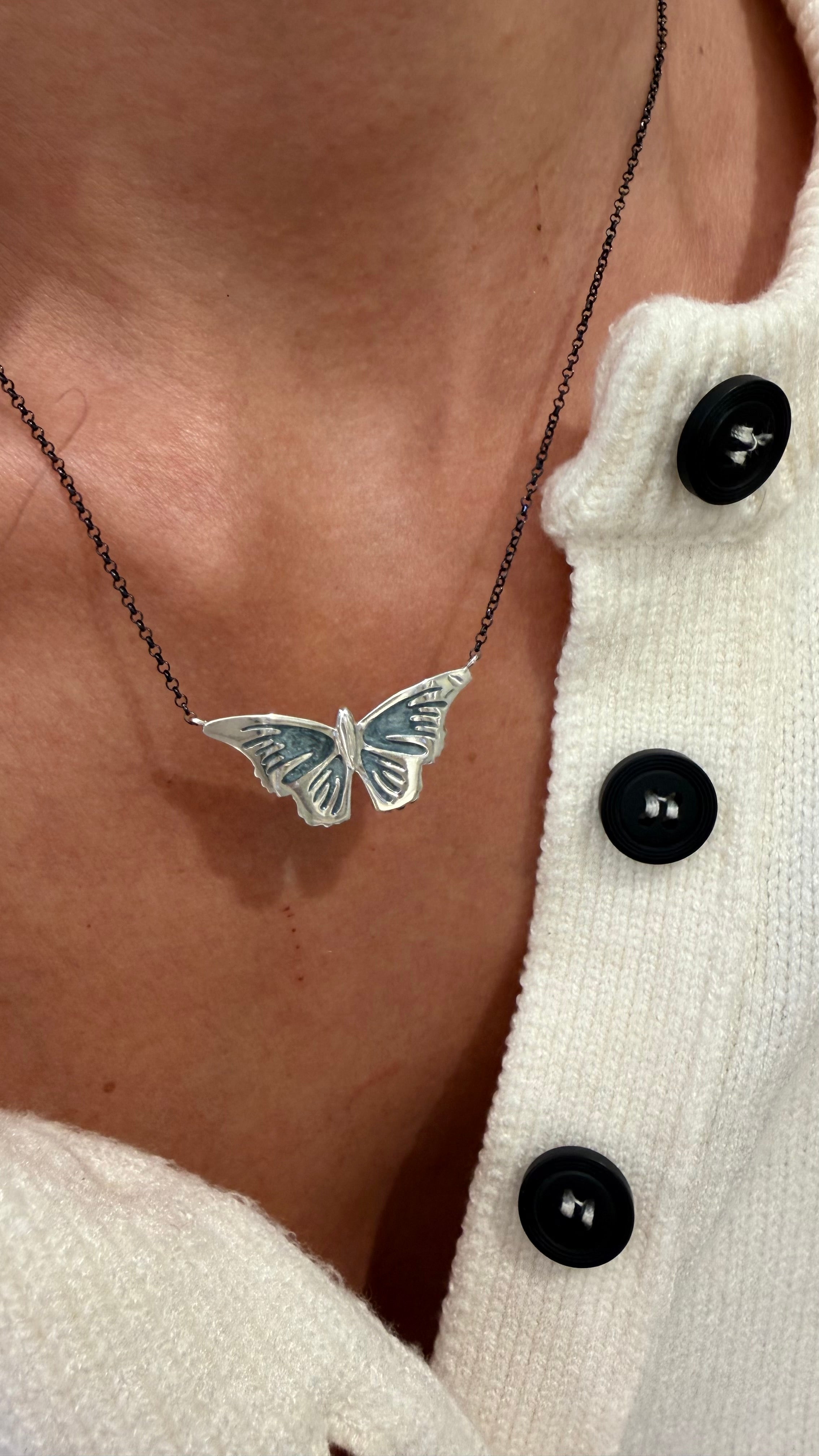 Silver Butterfly Necklace with enamel details