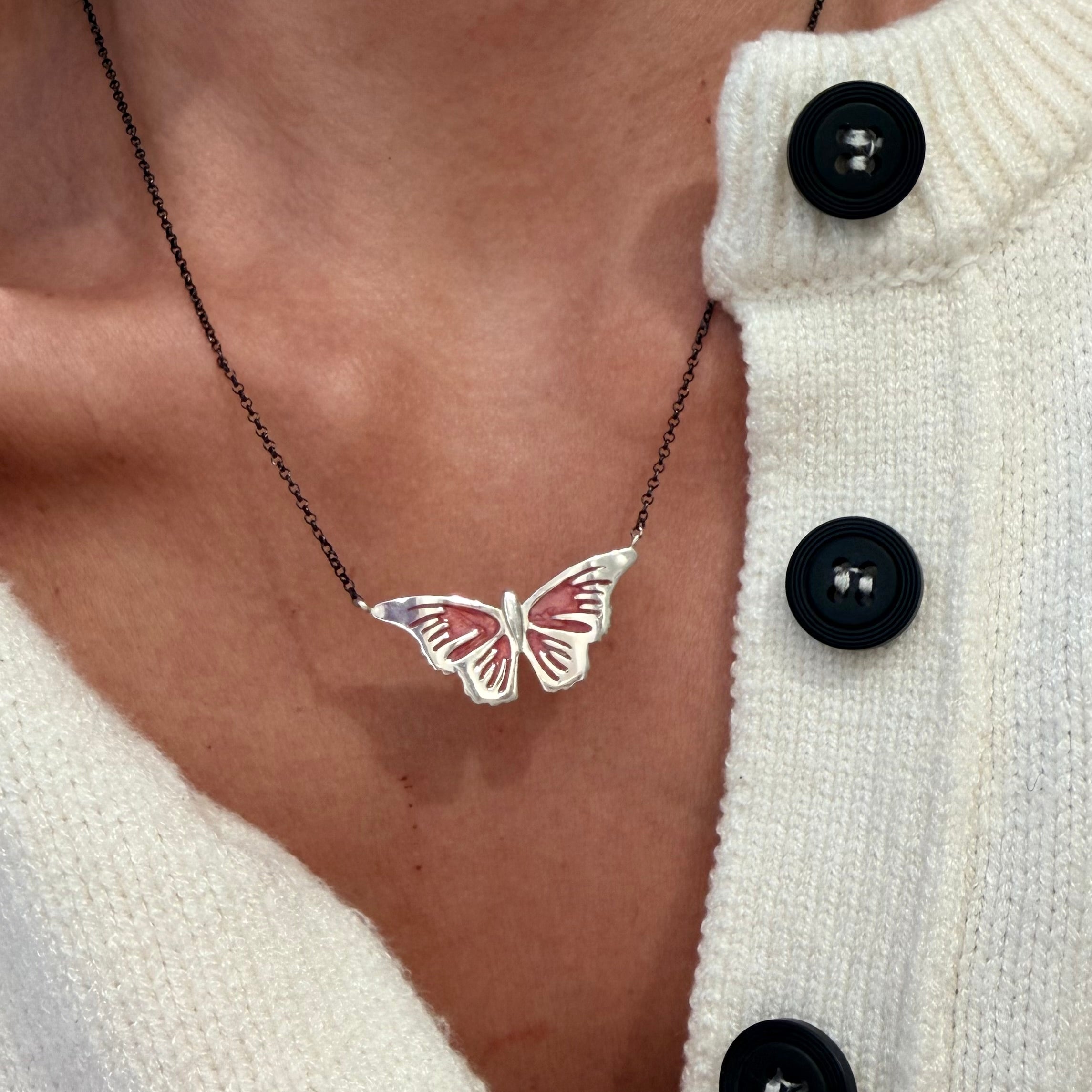 Silver Butterfly Necklace with enamel details