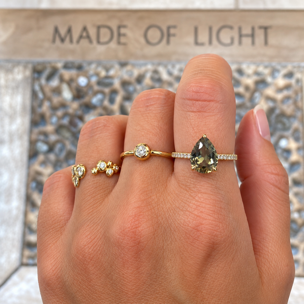 14k Gold Grey Sage Pear Tourmaline Ring with Diamonds