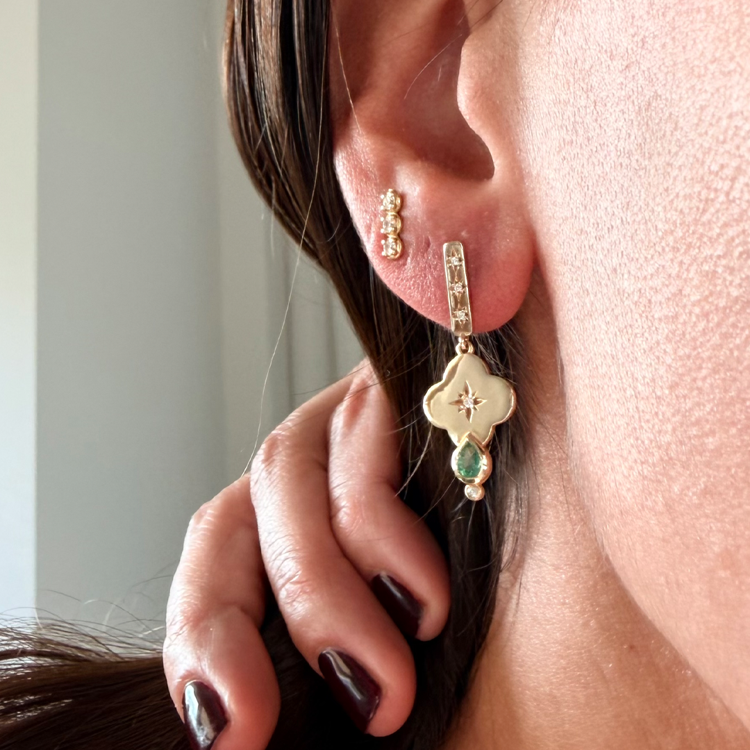 14K Gold  Curved Triangle Earrings with Diamond Star & Emerald