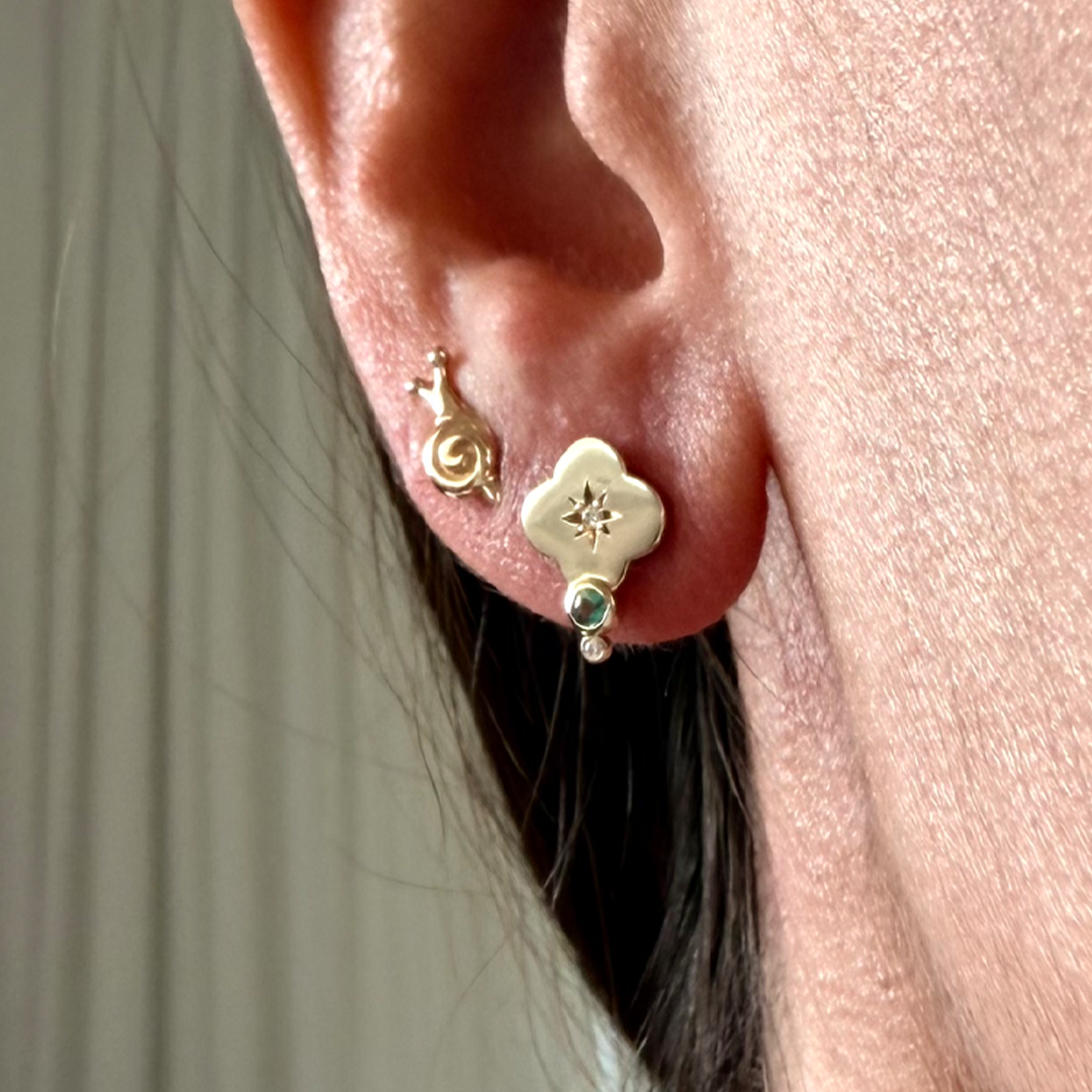 14K Gold Flower Stud Earrings with Diamonds & Emerald