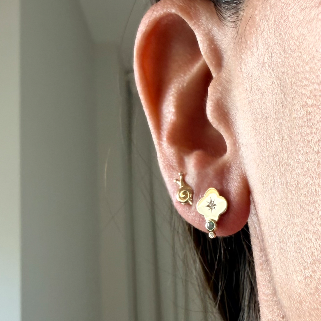 14K Gold Flower Stud Earrings with Diamonds & Emerald