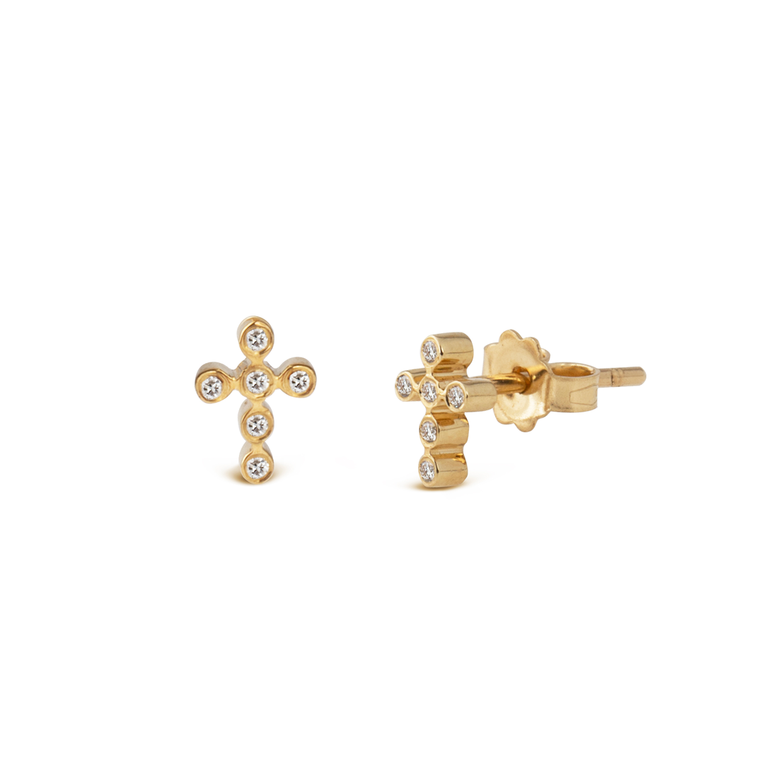 14K Gold Cross-Shaped Diamond Stud Earrings