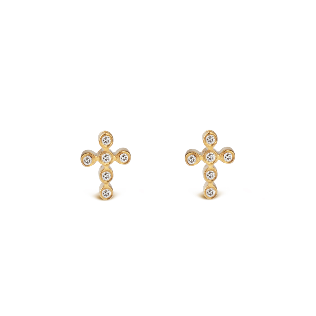 14K Gold Cross-Shaped Diamond Stud Earrings
