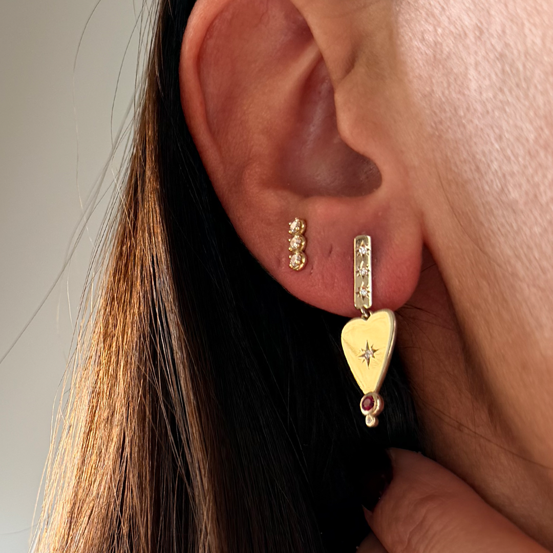 14K Gold Heart Earring with Diamond Star & Ruby
