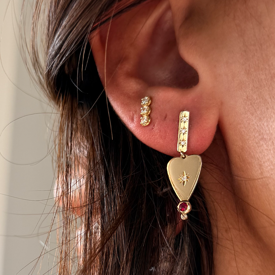 14K Gold Heart Earring with Diamond Star & Ruby